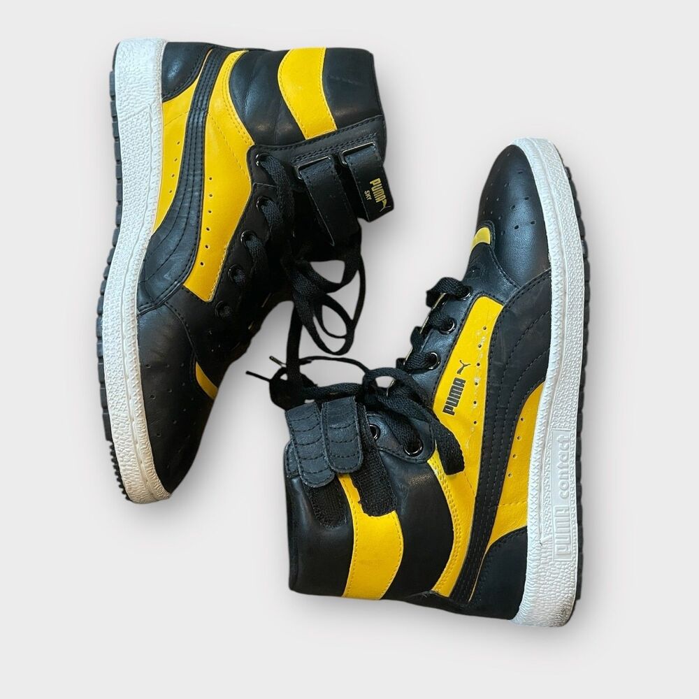 Puma Sky II Hi Retro Kids High Top Sneakers Black Yellow Leather Shoes Size 6.5